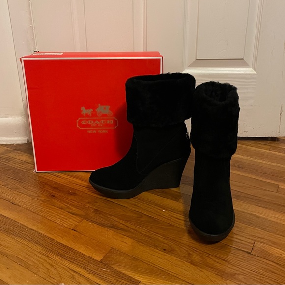 Coach Shearling Wedge Boots Black Suede Winona 8